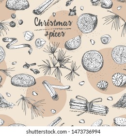 Seamless pattern with hand drawn Christmas winter spices pattern. Traditionally used in made desserts, mulled wine, cookies. Design for templates menu, recipes, greeting cards. Vector illustration