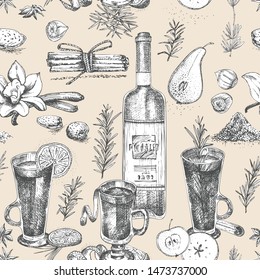 Seamless pattern with hand drawn Christmas winter spices, glasses of traditionally hot winter drinks and wine bottle. Good idea for templates menu, recipes, greeting cards . Vector illustration