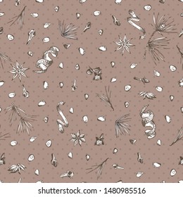 Seamless pattern with hand drawn Christmas winter spices, orange slices, pear, apple, rosemary. Good idea for templates menu, recipes, greeting cards. Vector illustration