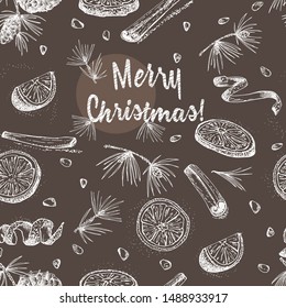 Seamless pattern with hand drawn Christmas winter spices. Traditionally used in made desserts, mulled wine, cookies. Design for templates menu, recipes, cards. Chalk board style art illustration
