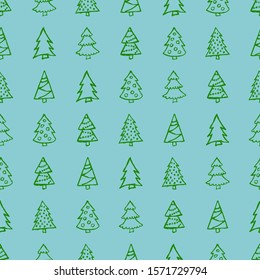 Seamless pattern with hand drawn Christmas trees. Sketched firs.  Winter holiday doodle elements. Vector illustration