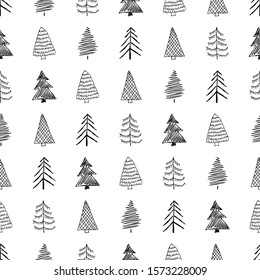 Seamless pattern with hand drawn Christmas trees. Sketched firs.  Winter holiday doodle elements. Vector illustration