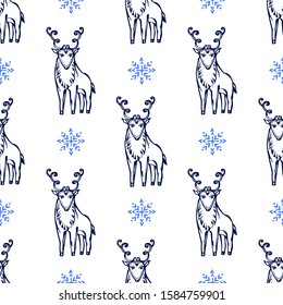 Seamless pattern with hand drawn Christmas deer on white background. Suitable for packaging, wrappers, fabric design
