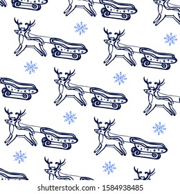 Seamless pattern with hand drawn Christmas deer and sleigh on white background. Suitable for packaging, wrappers, fabric design