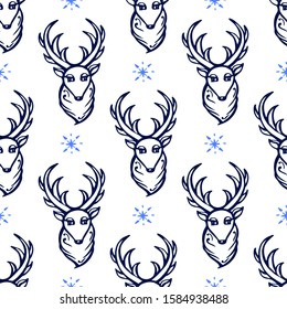 Seamless pattern with hand drawn Christmas deer on white background. Suitable for packaging, wrappers, fabric design