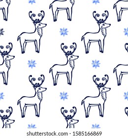 Seamless pattern with hand drawn Christmas deer on white background. Suitable for packaging, wrappers, fabric design