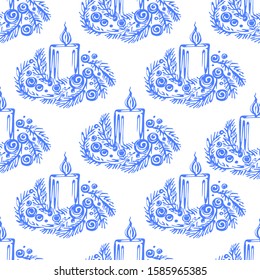 Seamless pattern with hand drawn Christmas candle on white background. Suitable for packaging, wrappers, fabric design