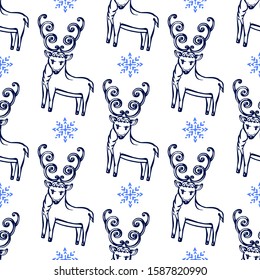 Seamless pattern with hand drawn Christmas deer on white background. Suitable for packaging, wrappers, fabric design