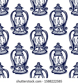 Seamless pattern with hand drawn Christmas lantern and candle on white background. Suitable for packaging, wrappers, fabric design