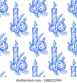 Seamless pattern with hand drawn Christmas candle and tree decoration on white background. Suitable for packaging, wrappers, fabric design