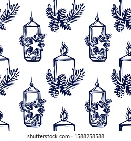 Seamless pattern with hand drawn Christmas candles on white background. Suitable for packaging, wrappers, fabric design