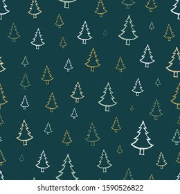 Seamless pattern with hand drawn Christmas trees. Sketched firs.  Winter holiday doodle elements. Vector illustration