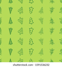 Seamless pattern with hand drawn Christmas trees. Sketched firs.  Winter holiday doodle elements. Vector illustration
