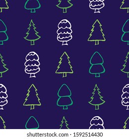 Seamless pattern with hand drawn Christmas trees. Sketched firs.  Winter holiday doodle elements. Vector illustration