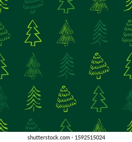 Seamless pattern with hand drawn Christmas trees. Sketched firs.  Winter holiday doodle elements. Vector illustration