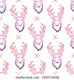 Seamless pattern with hand drawn Christmas deer on white background. Gradient from coral and deep violet. Suitable for packaging, wrappers, fabric design