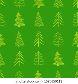 Seamless pattern with hand drawn Christmas trees. Sketched firs.  Winter holiday doodle elements. Vector illustration