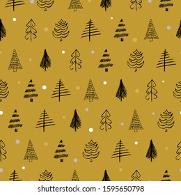 Seamless pattern with hand drawn Christmas trees. Sketched firs.  Winter holiday doodle elements. Vector illustration
