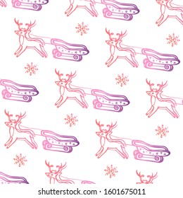 Seamless pattern with hand drawn Christmas deer and sleigh on white background. Suitable for packaging, wrappers, fabric design