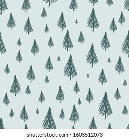 Seamless pattern with hand drawn Christmas trees. Sketched firs.  Winter holiday doodle elements. Vector illustration