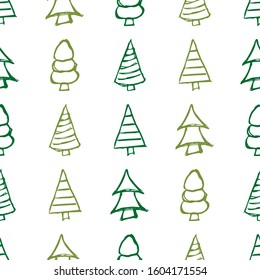 Seamless pattern with hand drawn Christmas trees. Sketched firs.  Winter holiday doodle elements. Vector illustration