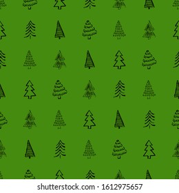 Seamless pattern with hand drawn Christmas trees. Sketched firs.  Winter holiday doodle elements. Vector illustration