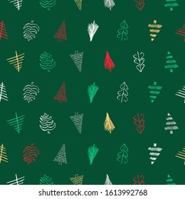Seamless pattern with hand drawn Christmas trees. Sketched firs.  Winter holiday doodle elements. Vector illustration