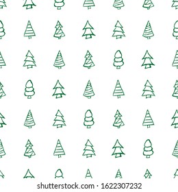 Seamless pattern with hand drawn Christmas trees. Sketched firs.  Winter holiday doodle elements. Vector illustration
