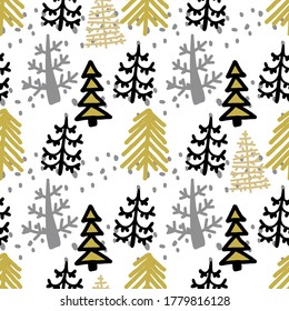 Seamless pattern with hand drawn Christmas trees. Abstract sketch drawing of a winter tree. Vector holidays illustration on white background