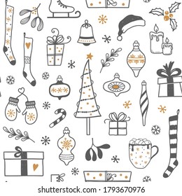 Seamless pattern with hand drawn Christmas elements in gray and golden