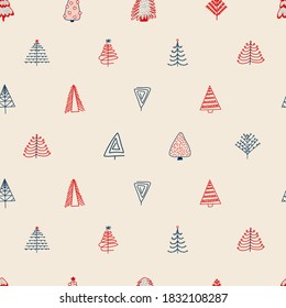 Seamless pattern with hand drawn Christmas trees. Decorative hand painted holiday background. Winter holiday design for fabric, gift wrap, card decoration, wallpaper, digital scrapbooking. Flat design