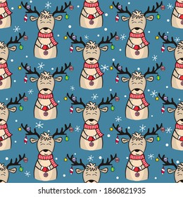 Seamless pattern with hand drawn christmas deer. Cute deer with New Year's toys. Festive vector illustration for the design of New Year cards, packaging, wrapping paper, posters and banners.