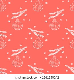 El patrón sin brillo con las bolas de Navidad dibujadas a mano en las ramas está en el fondo rojo. El ahorro con la máscara de recorte.