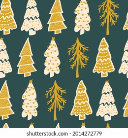 Seamless pattern of hand drawn Christmas tree. Winter forest background. Vector illustration.