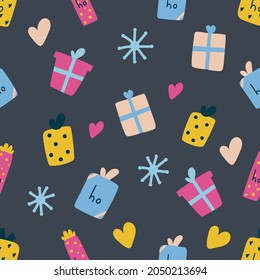Seamless pattern of hand drawn christmas gift boxes. Flat illustration on dark blue background.