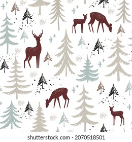 Seamless pattern with hand drawn Christmas trees and deers. Winter forest background. Vector illustration.