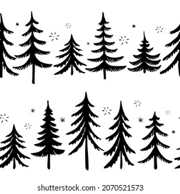 Patrón inmaculado de árboles de Navidad dibujados a mano. Fondo del bosque de invierno. Ilustración vectorial.