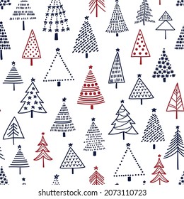 Seamless pattern with hand drawn Christmas trees on white background. Vector illustration.