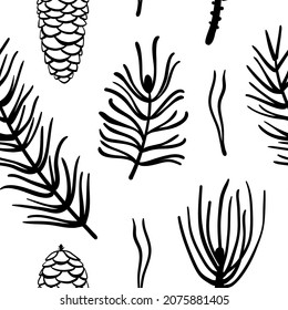 Seamless pattern with hand drawn Christmas tree branches isolated on white background. Pine, fir, spruce branches and cone silhouettes. Christmas design elements. Vector illustration