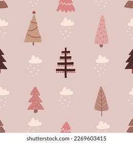 Seamless pattern with hand drawn Christmas trees. 