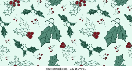 Seamless pattern with hand drawn christmas leaves and branches. Perfect for xmas or new year wallpaper, wrapping paper, web sites, background, social media, blog, presentation and greeting cards.	