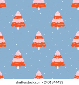 Seamless pattern with hand drawn Christmas trees. Vector illustration in simple flat doodle style.
