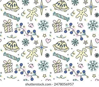 Seamless pattern with hand drawn Christmas elements. Vector illustration.