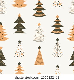 Seamless pattern of hand drawn Christmas trees. Doodle flat vector illustration