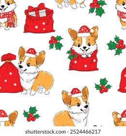 Fondo de Navidad dibujado a mano sin fisuras con lindo Vector de impresión de perro Corgi 