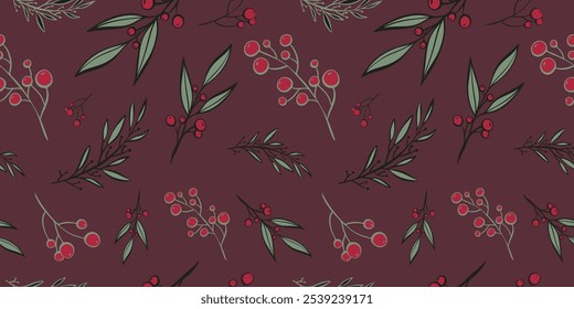 Seamless pattern with hand drawn christmas leaves and branches. Perfect for xmas or new year wallpaper, wrapping paper, web sites, background, social media, blog, presentation and greeting cards.