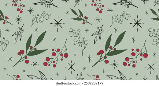 Patrón sin fisuras con hojas y ramas de Navidad dibujadas a mano. Perfecto para el Fondo de pantalla de Navidad o año nuevo, papel de regalo, Sitios web, fondo, redes sociales, blog, presentación y tarjetas de felicitación.