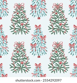 Seamless pattern with hand drawn Christmas trees decorated ribbons, bows and ornaments on light blue background. Decorative holiday vector design