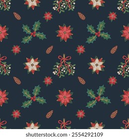 Seamless pattern of hand drawn Christmas motifs including poinsettias, holly leaves with berries, mistletoe bunches tied with bows, and pinecones on dark background