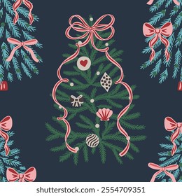 Seamless pattern with hand drawn Christmas trees decorated ribbons, bows and ornaments on dark blue background. Decorative holiday vector design